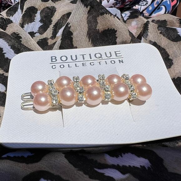 Faux Pearl Retro Deadstock New on Card Rhinestone Accent Hair barrettes NEW - Picture 9 of 12